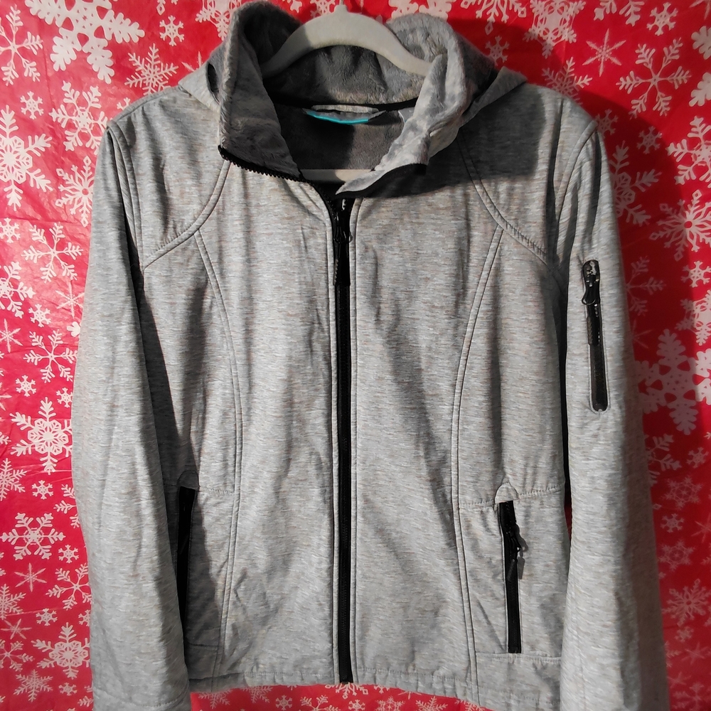 Free Country Gray Women's Jacket Size Large. Unzip Hood Insulated Lining.